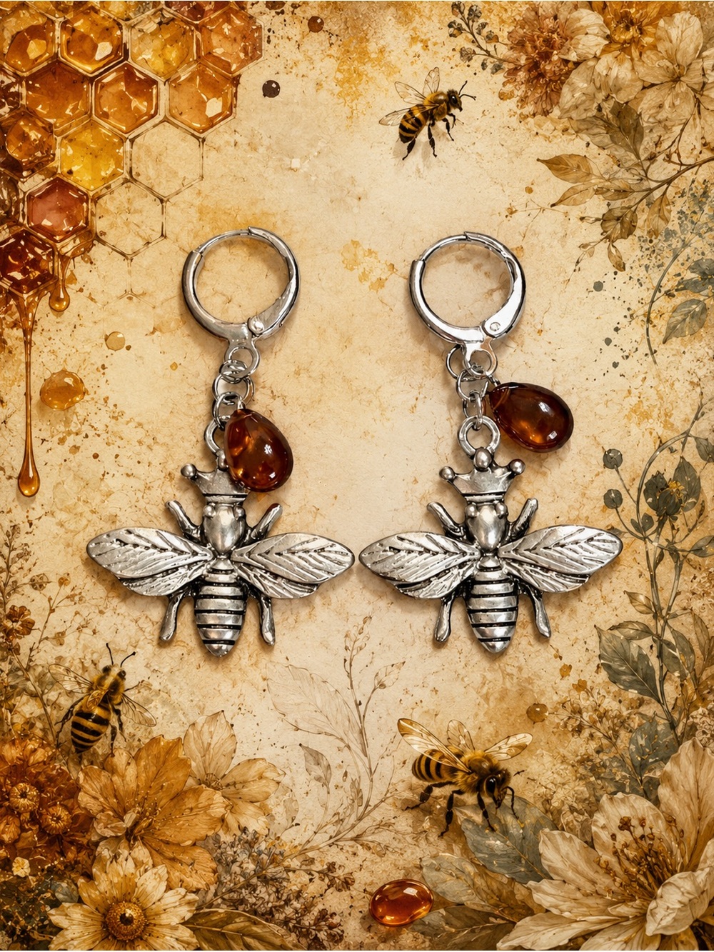 Queen Bee Honey Drop Earrings . Silver Bee Dangle with Amber Charm
